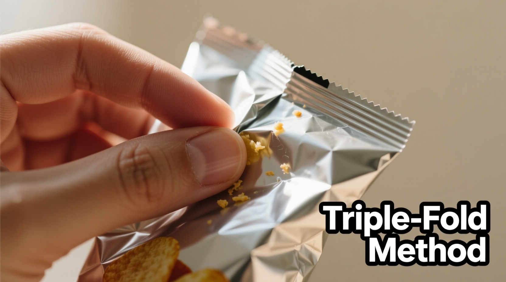 Hand demonstrating triple-fold technique on chip bag