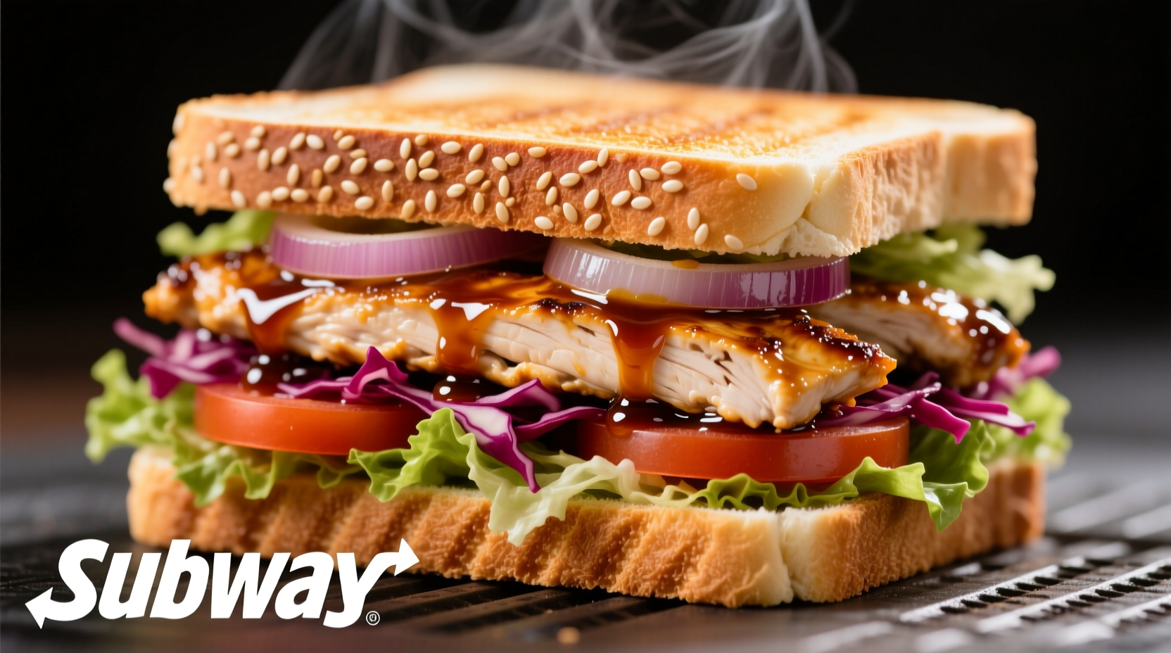 Sweet Onion Chicken Teriyaki sandwich on Subway bread with fresh vegetables