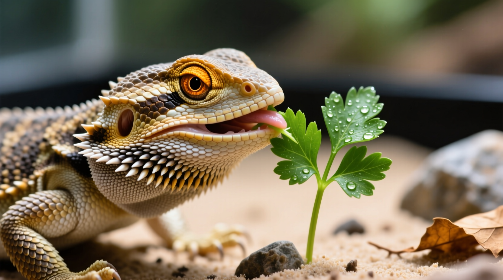 Bearded dragon carefully eating small piece of parsley