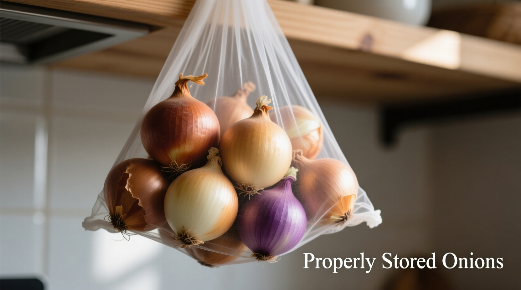 Properly stored onions in mesh bag
