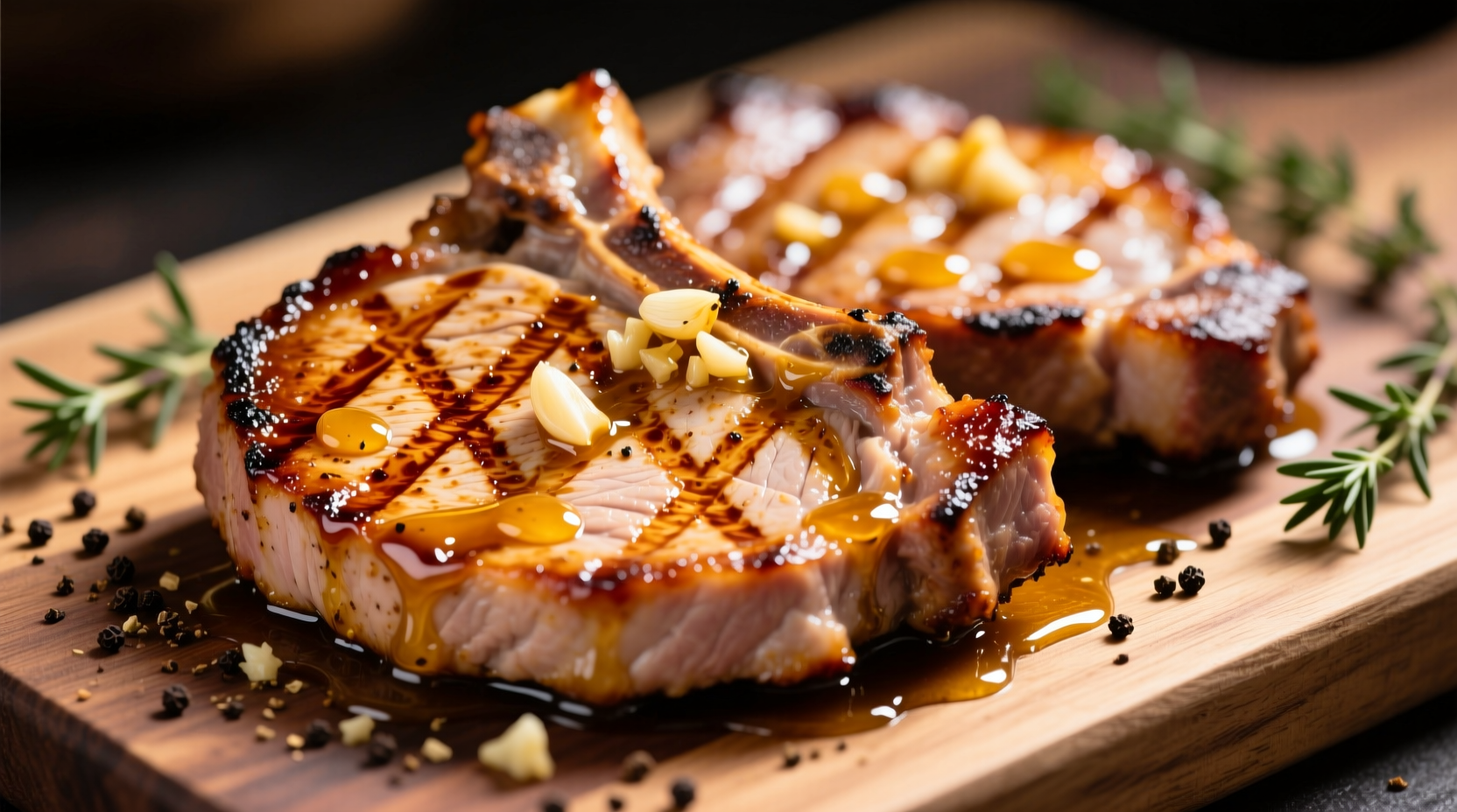 Golden garlic honey pork chops with sear marks