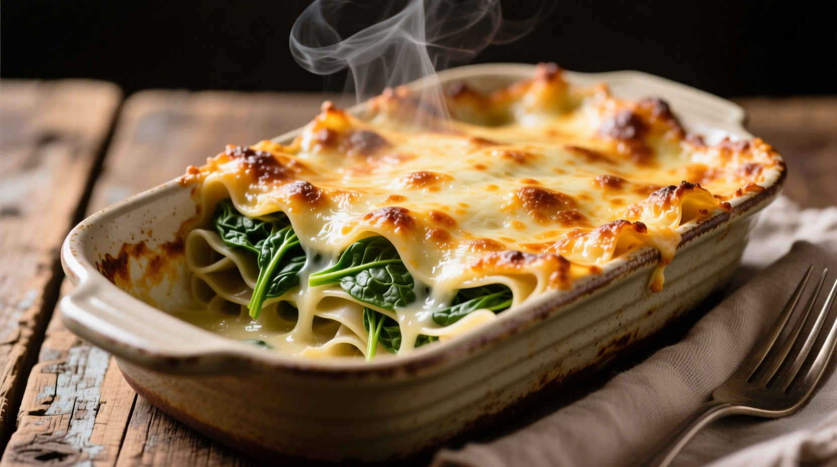 Creamy spinach lasagna with melted cheese topping