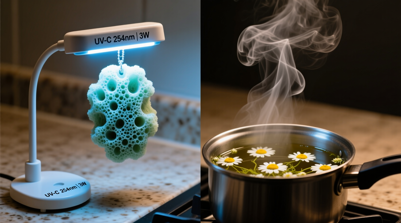 Side-by-side visual showing a porous aquarium sponge suspended over a steaming chamomile infusion pot, with a labeled UV-C lamp positioned 10 cm away, illuminating one half of the sponge uniformly