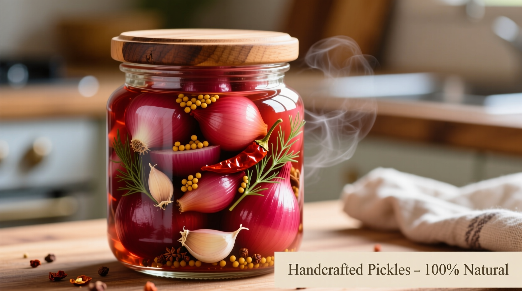 Vibrant red pickled onions in glass jar with spices