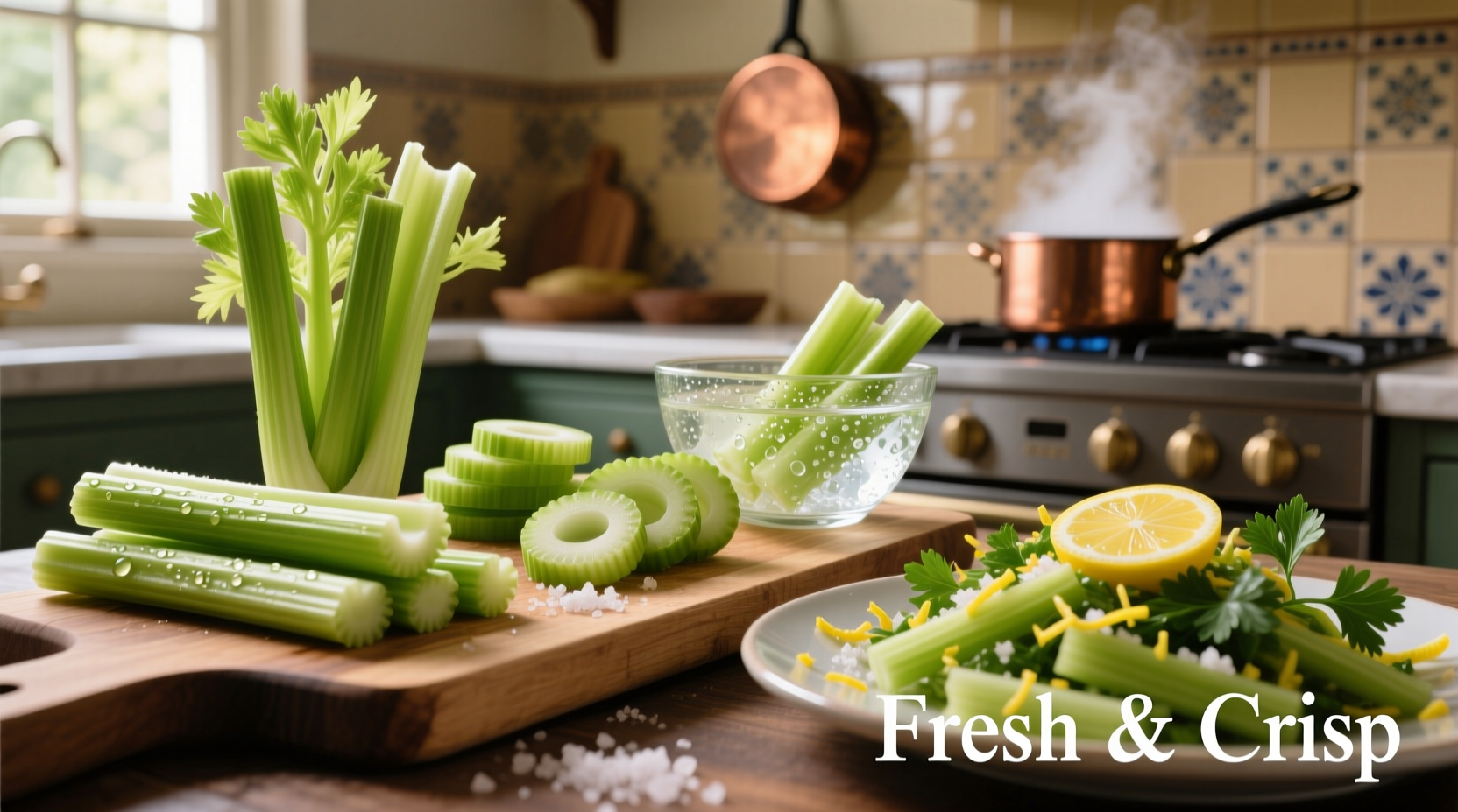 Freshly sliced celery in various preparations