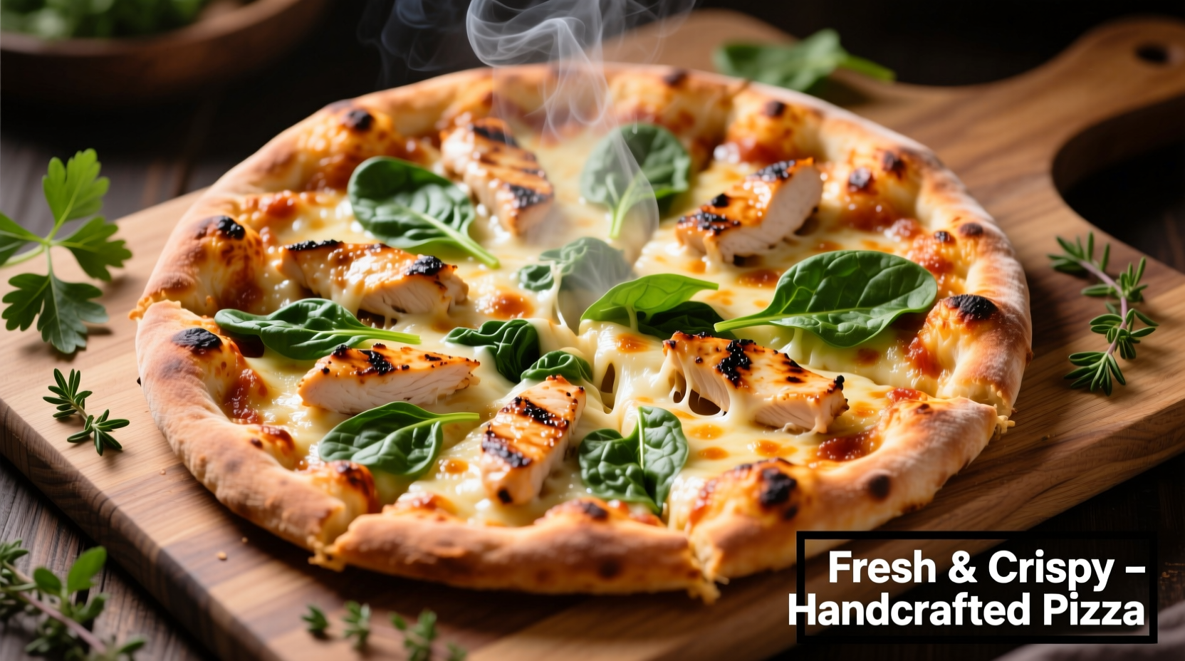 Perfectly baked chicken and spinach pizza with melted cheese