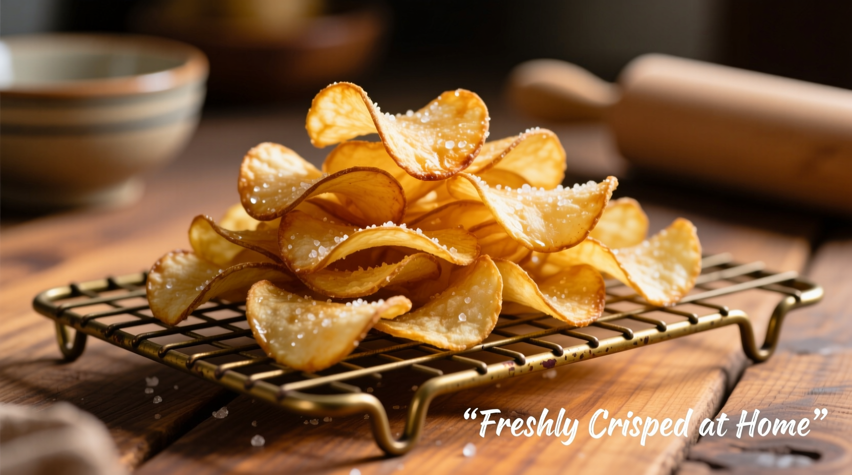 Homemade golden potato crisps on wire rack