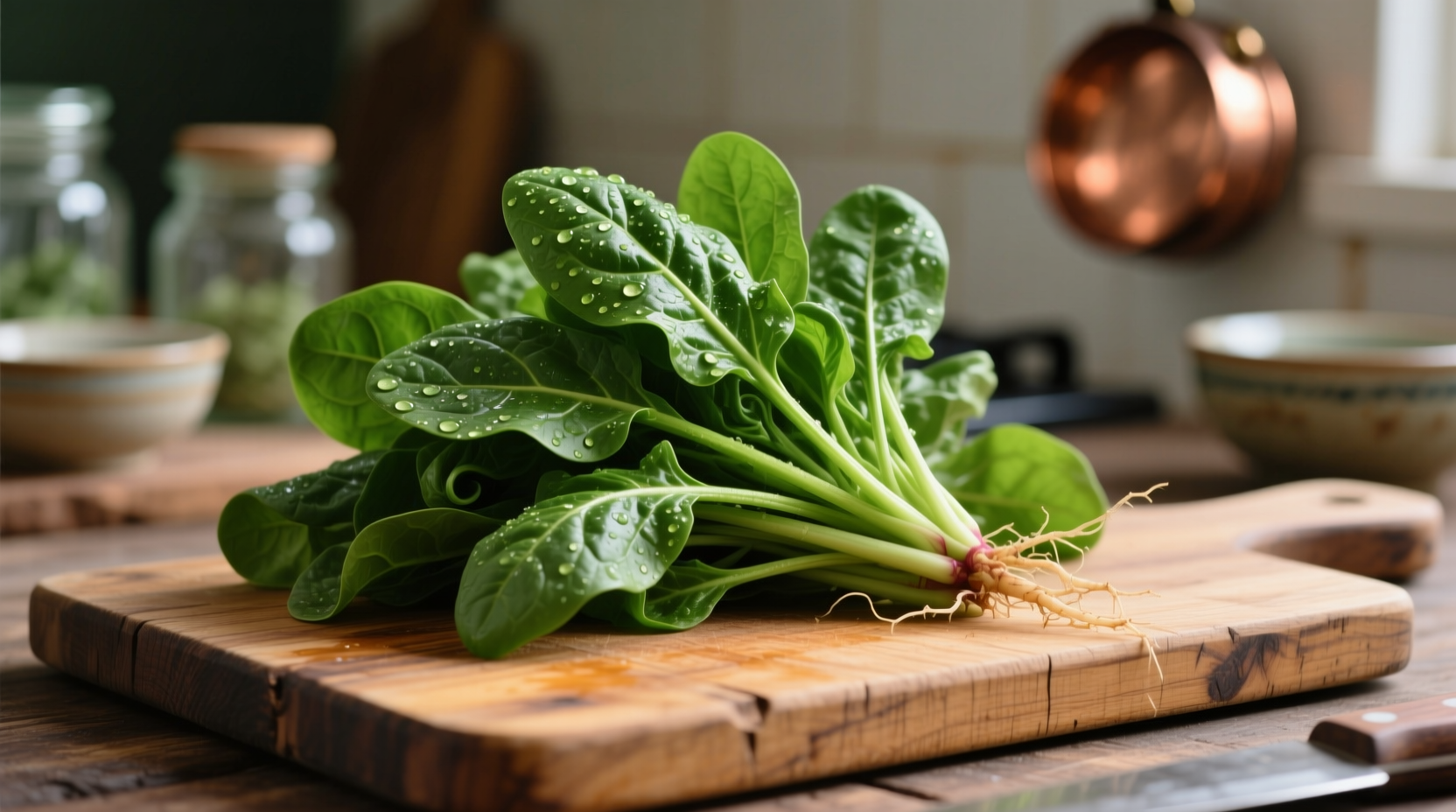Fresh spinach bunch on wooden cutting board