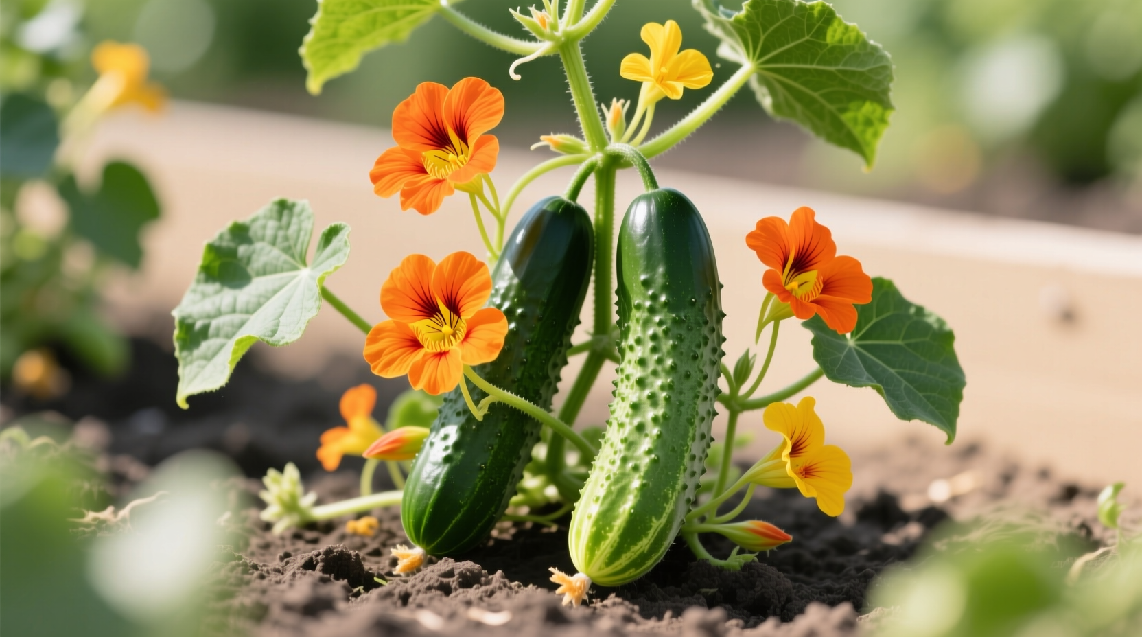Cucumbers growing alongside nasturtiums with visible beetle-free leaves