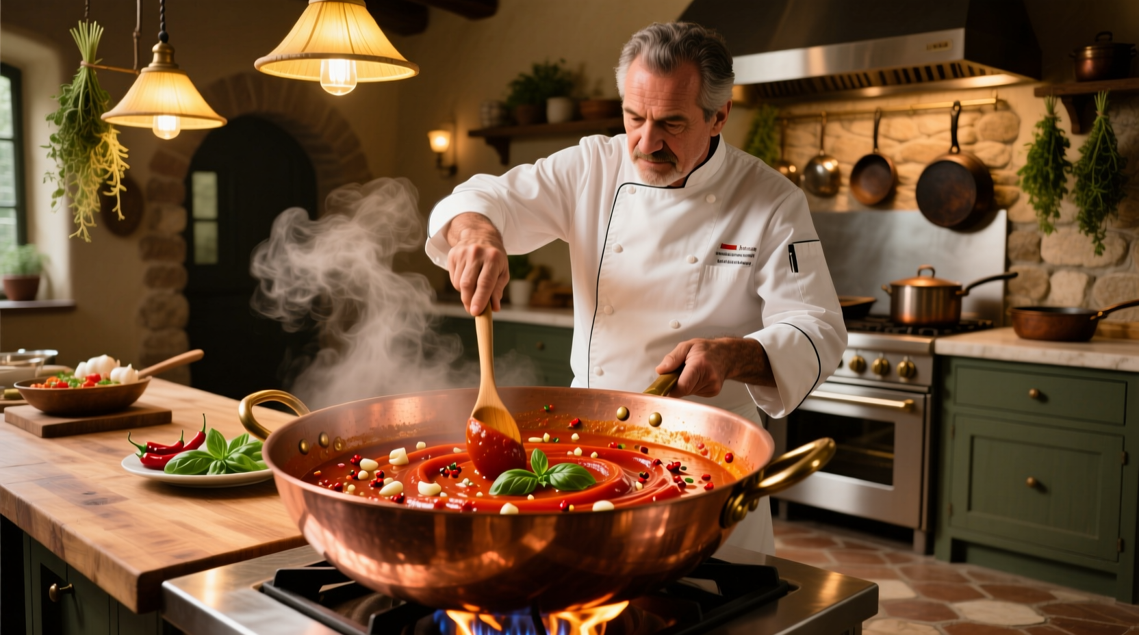 Chef preparing spicy tomato sauce in copper pot