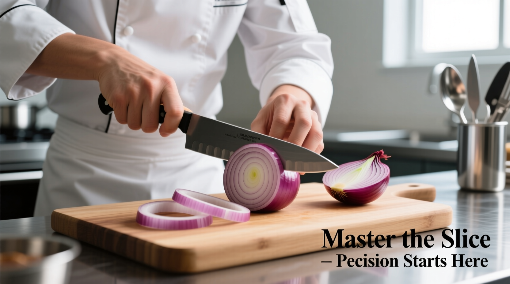 Chef demonstrating proper onion slicing technique for rings