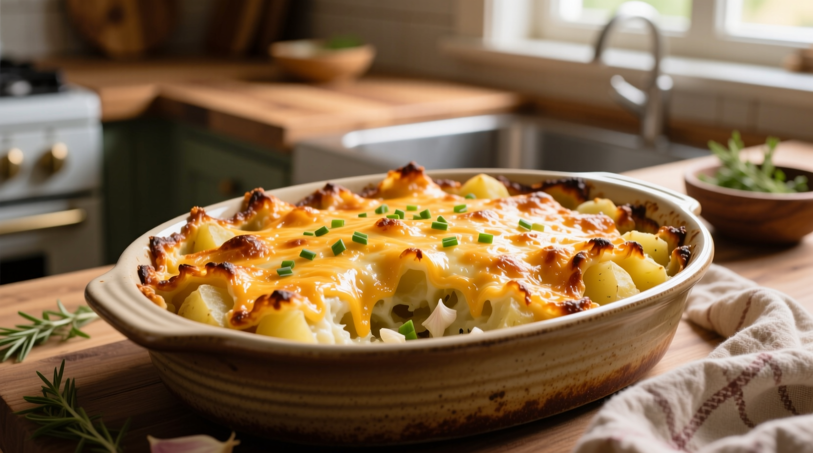 Golden baked potato casserole with crispy cheese topping