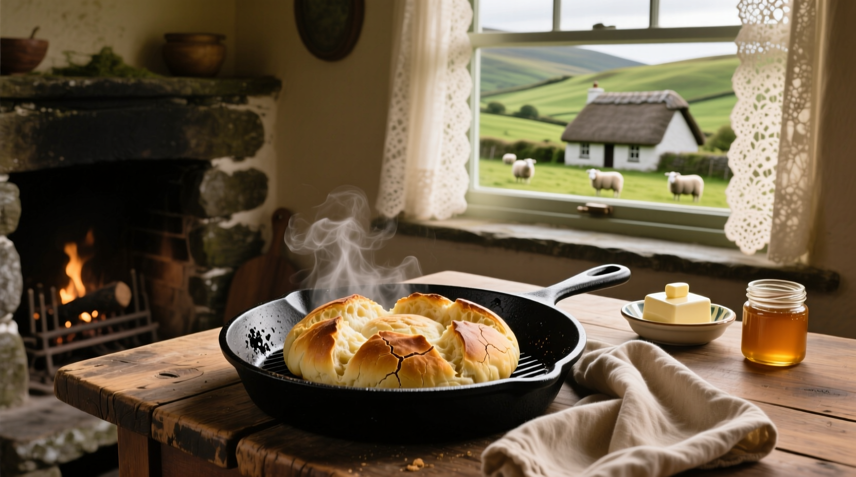 Freshly cooked potato bread farls on a traditional Irish griddle