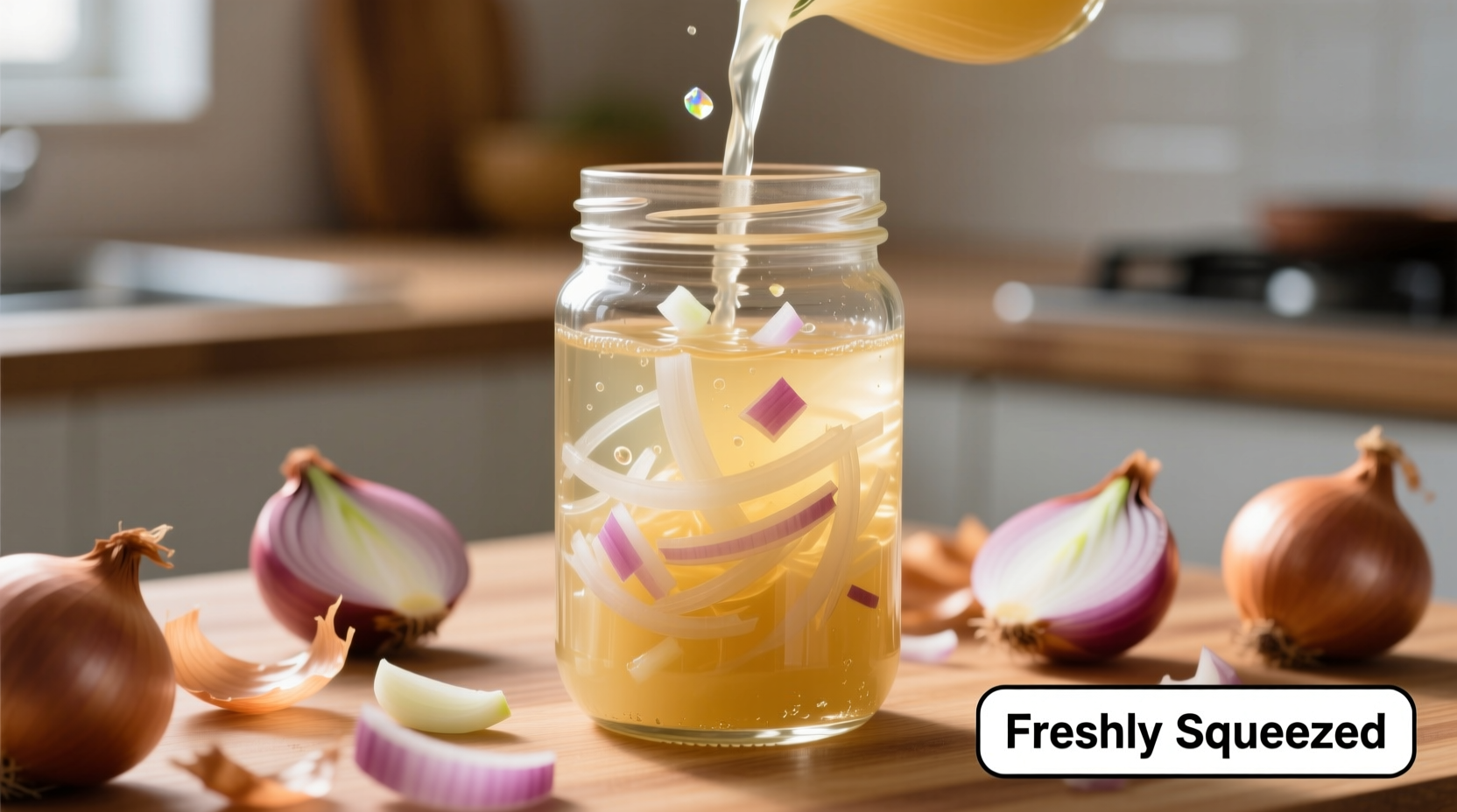 Fresh onion juice in glass container with raw onions