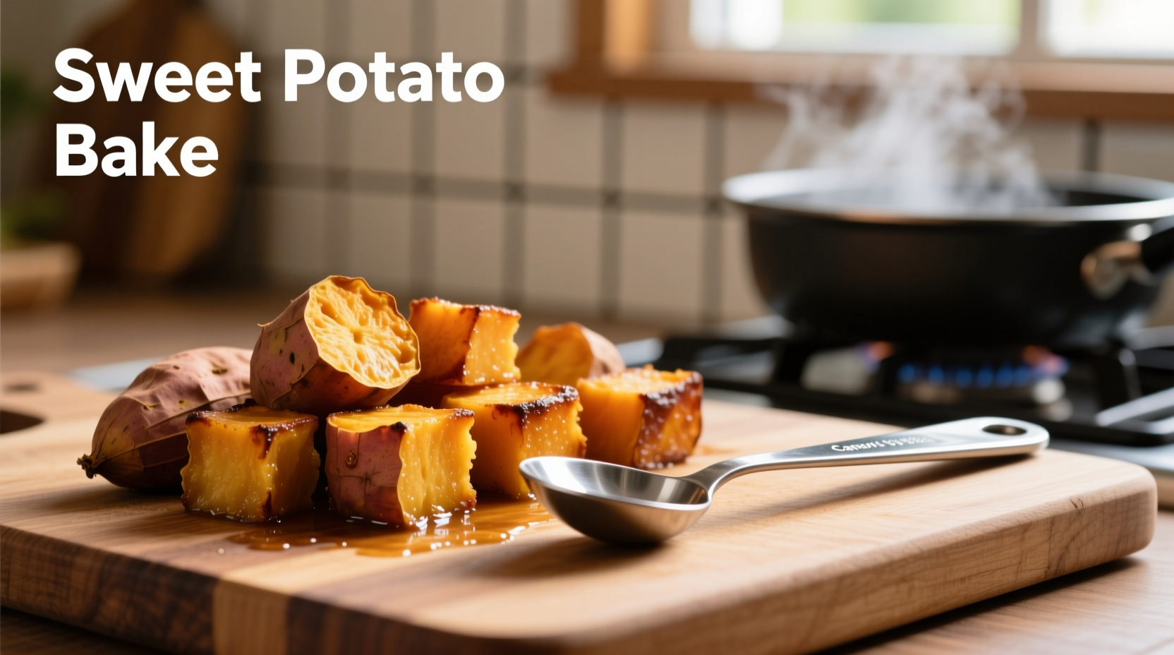 Cooked sweet potato pieces next to measuring spoon