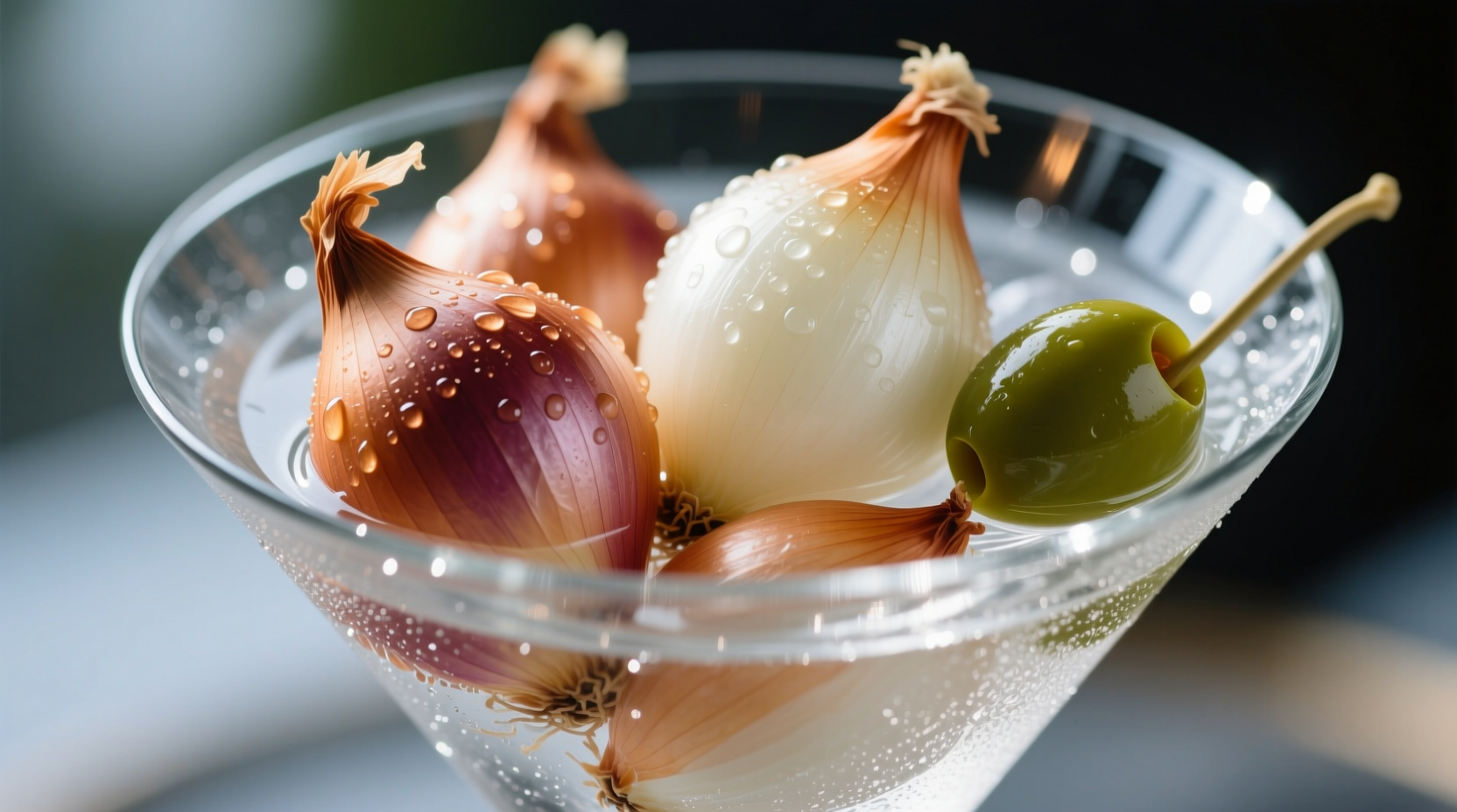Close-up of cocktail onions in martini glass