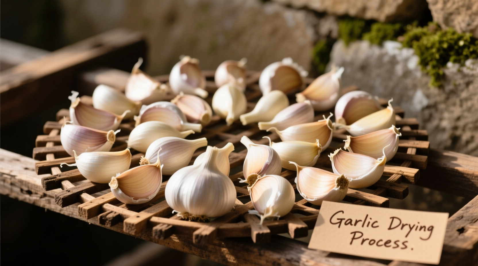 Fresh garlic cloves arranged for drying process