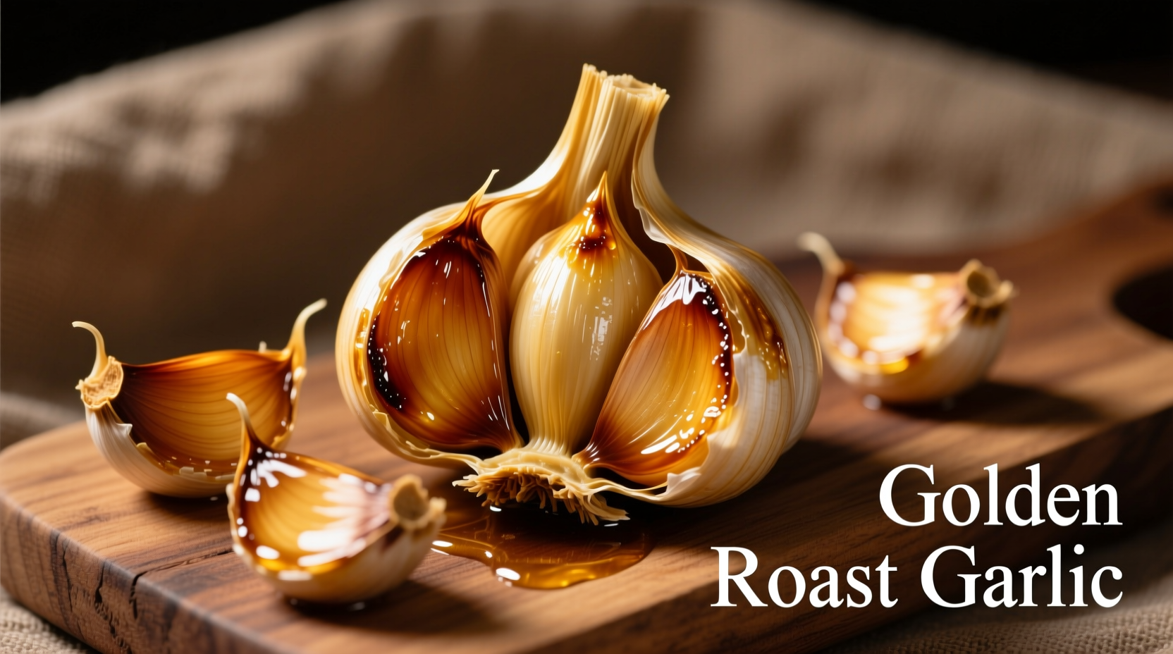 Golden roasted garlic head with cloves exposed