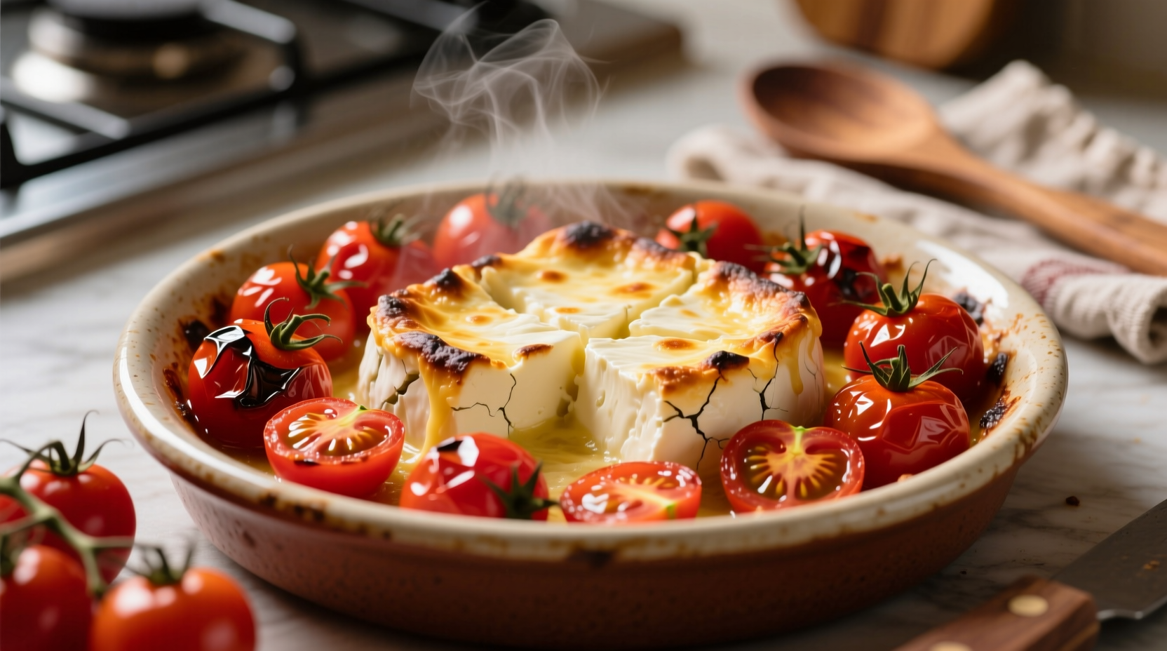 Oven-baked feta cheese surrounded by roasted cherry tomatoes