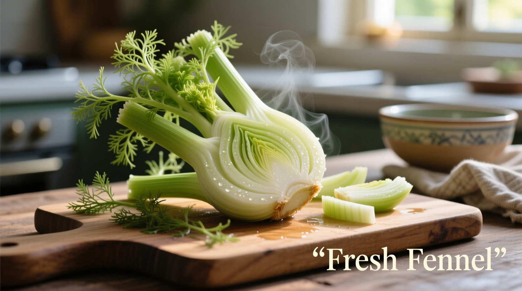 Sliced fennel bulb on cutting board with fresh fronds