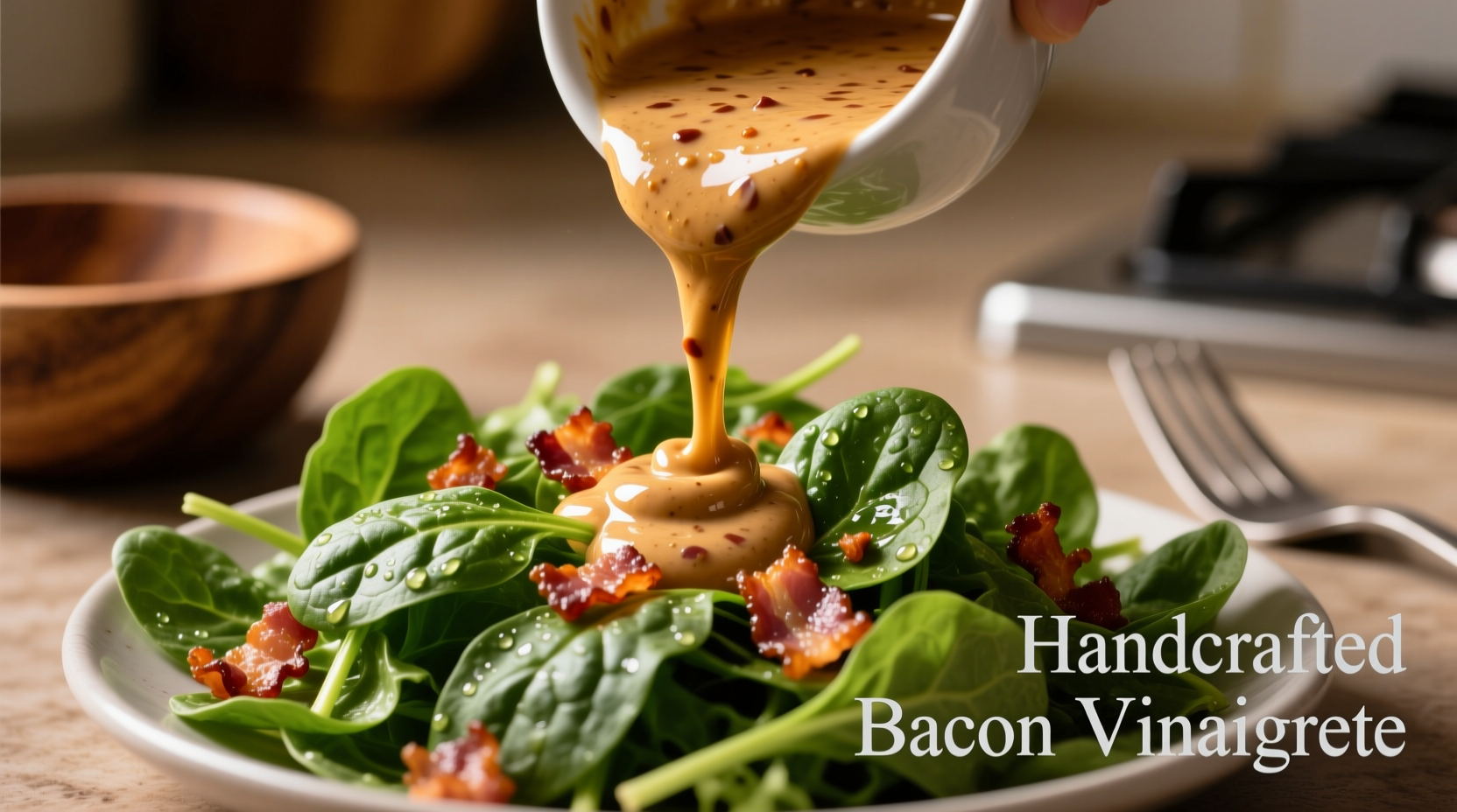 Homemade bacon dressing being poured over fresh spinach salad