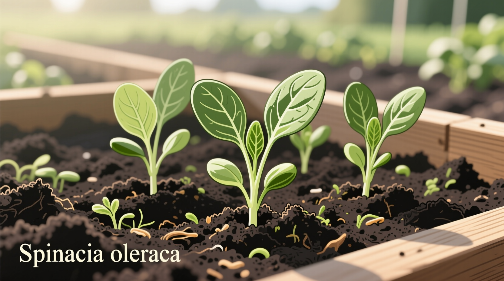 Spinach seedlings in well-prepared garden soil