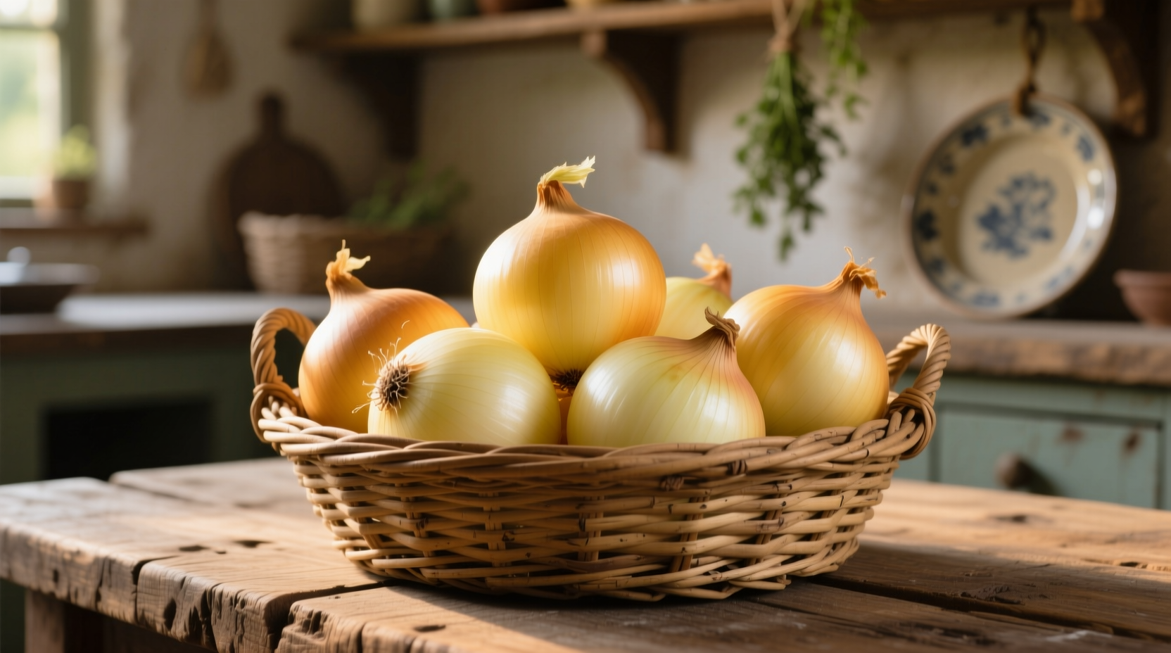 Fresh yellow onions in a woven basket