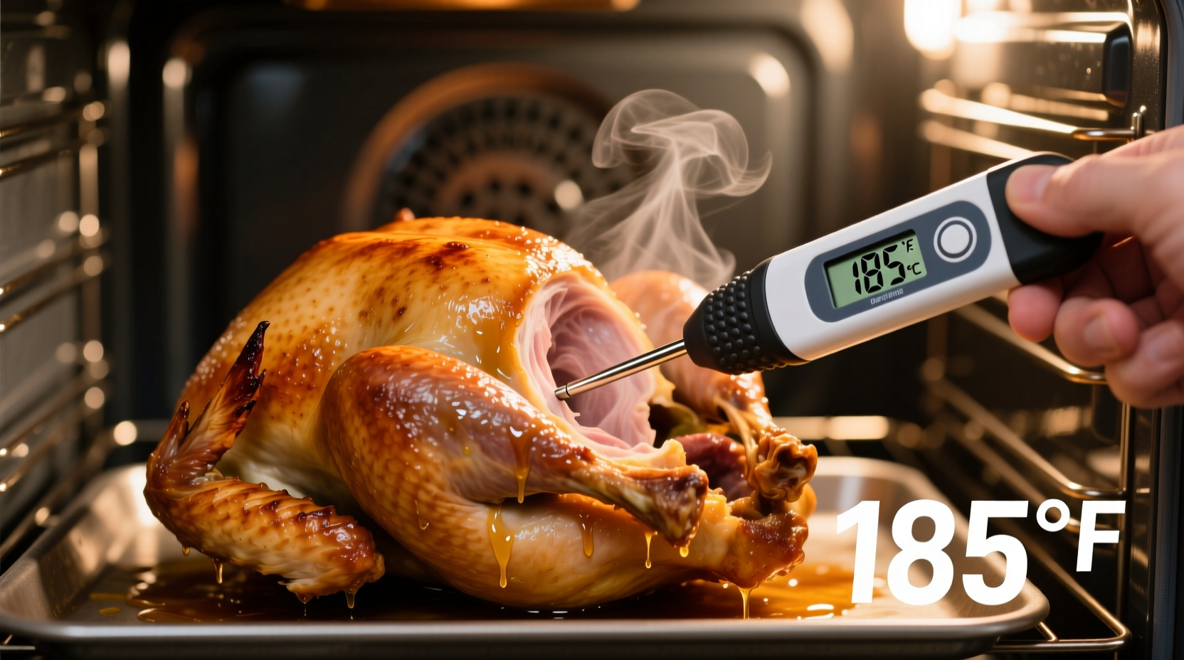 Thermometer checking turkey temperature in oven