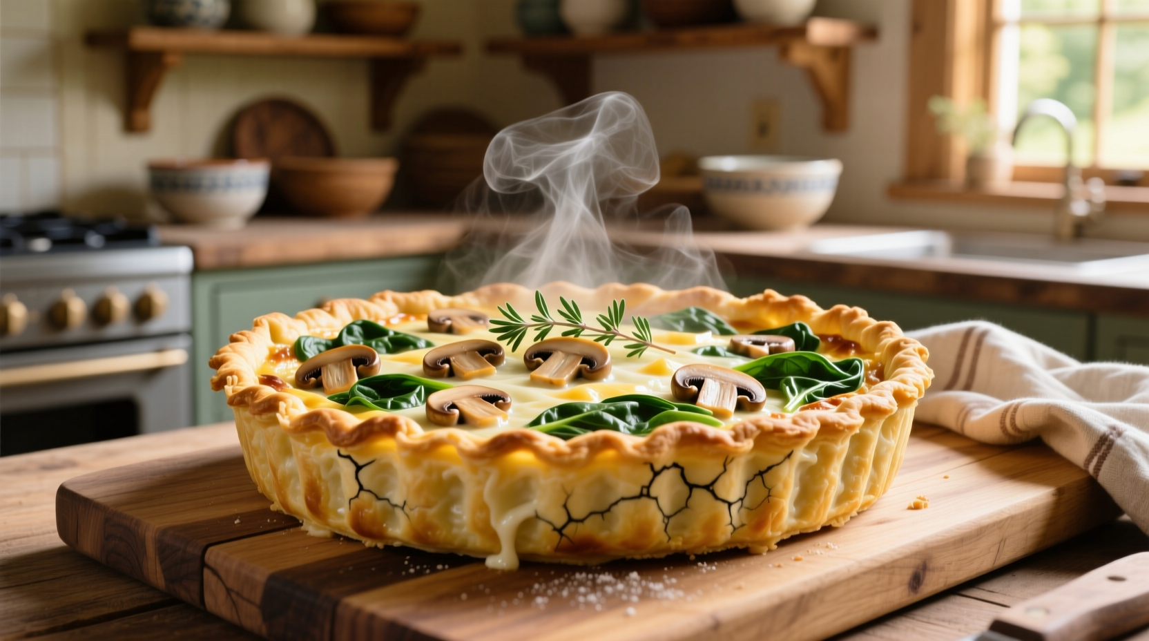 Golden mushroom spinach quiche fresh from oven