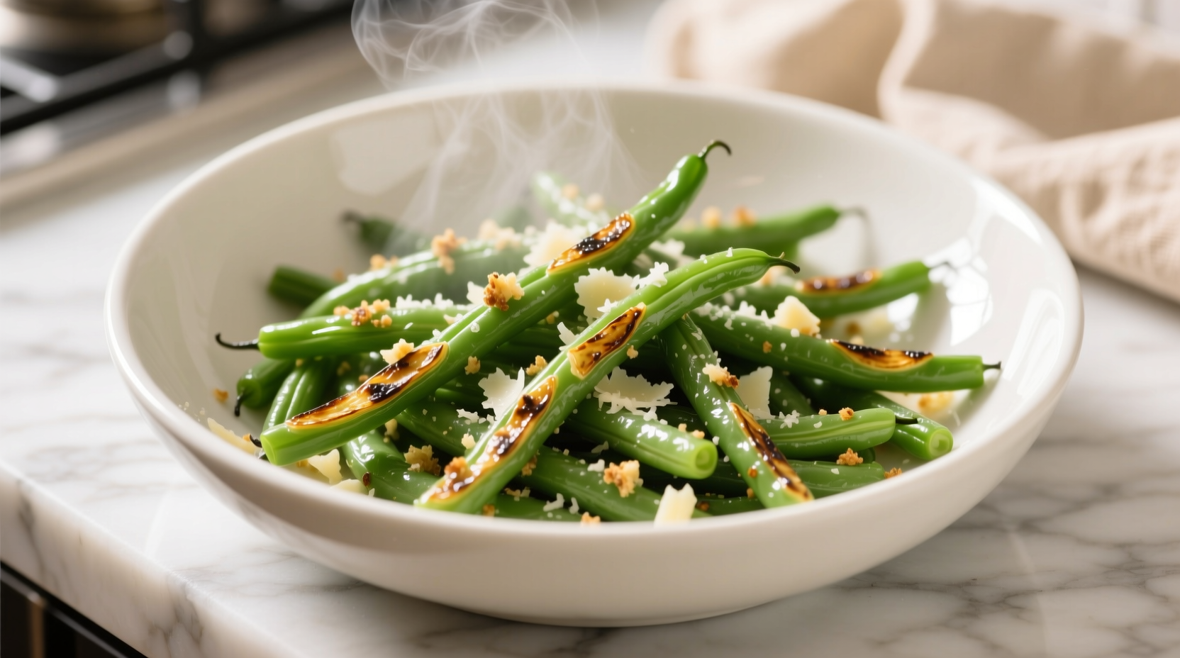 Crisp garlic parmesan green beans in white bowl