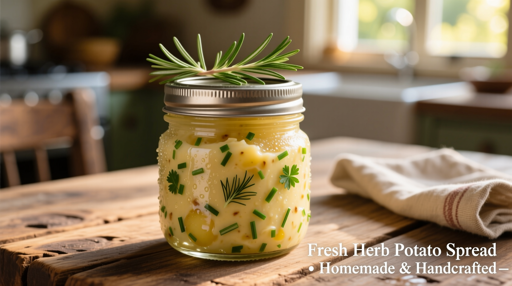 Homemade potato spread in jar with fresh herbs