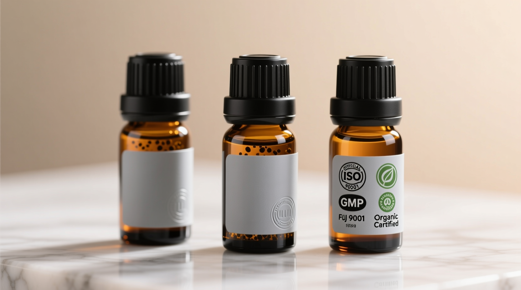 Clove oil bottles with quality certification labels
