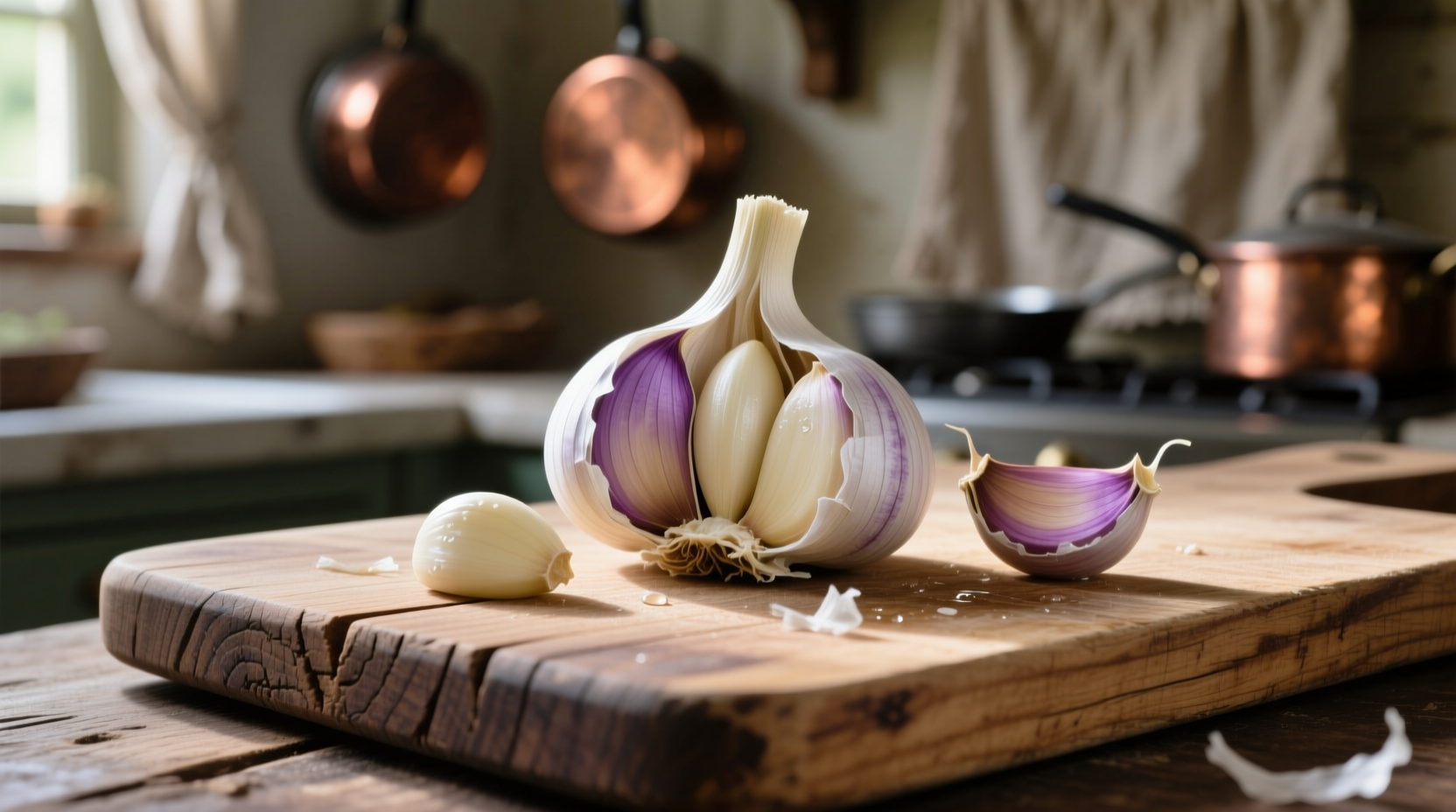 Garlic bulb on wooden cutting board