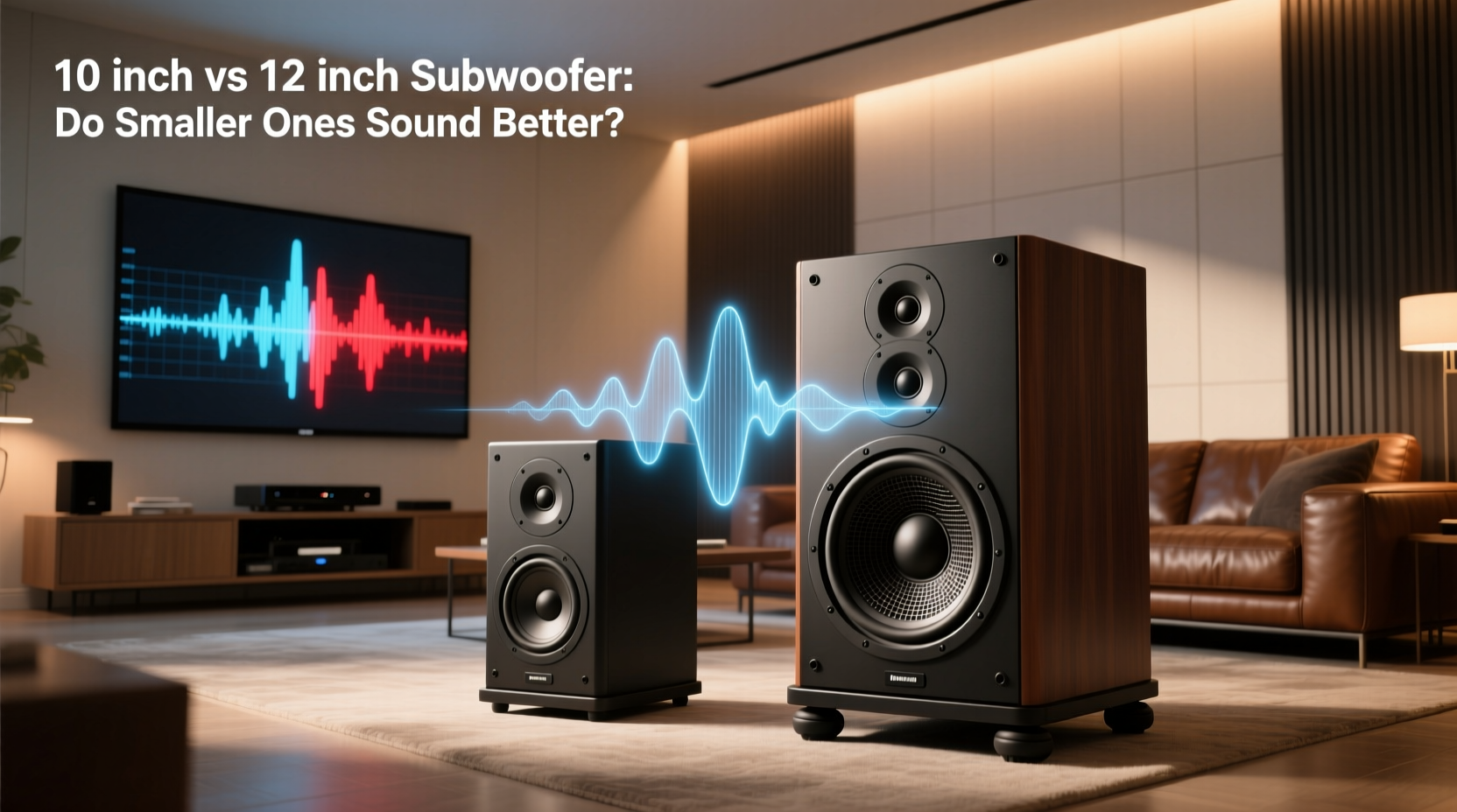 Side-by-side comparison of 10 inch and 12 inch subwoofers showing size difference