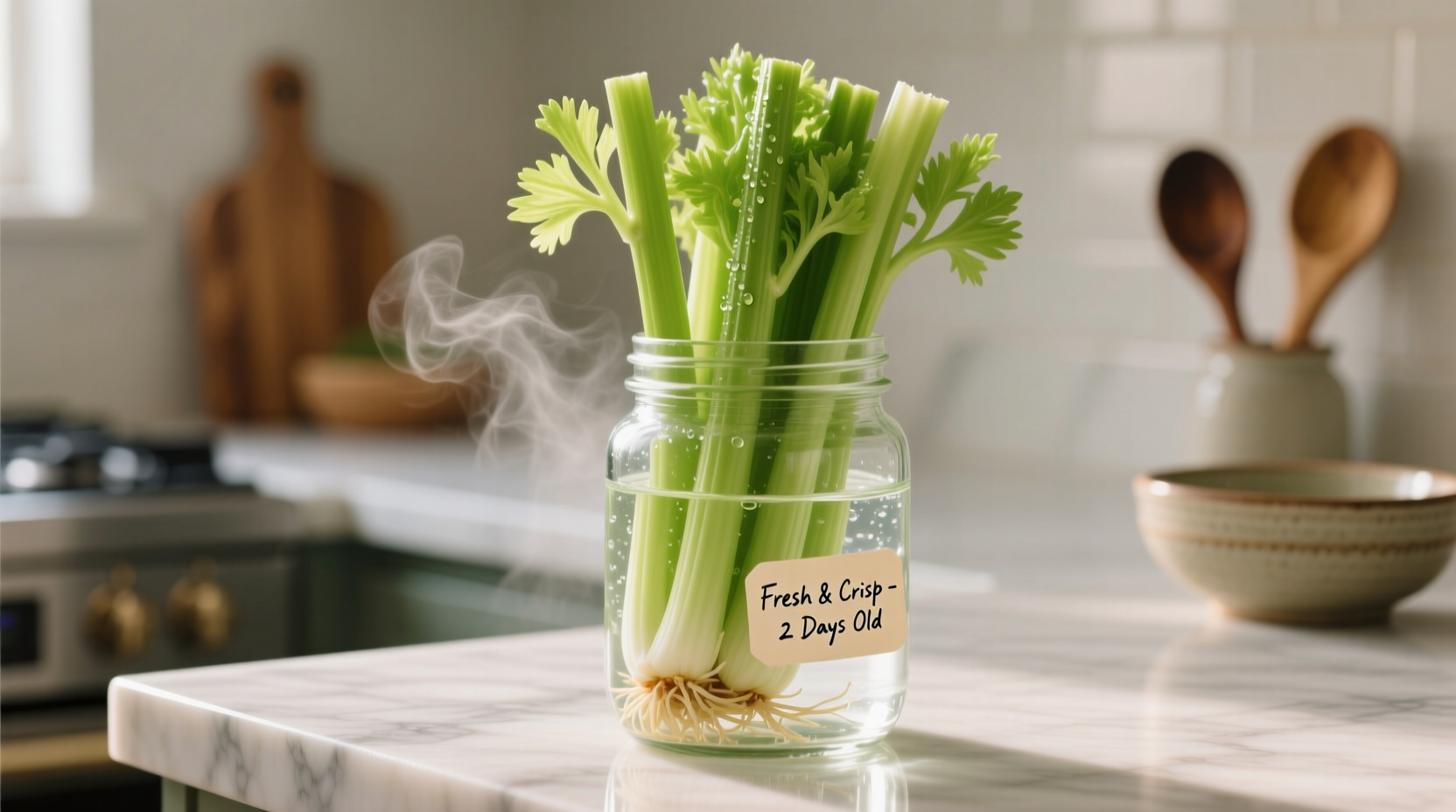 Fresh celery stored in glass container with water