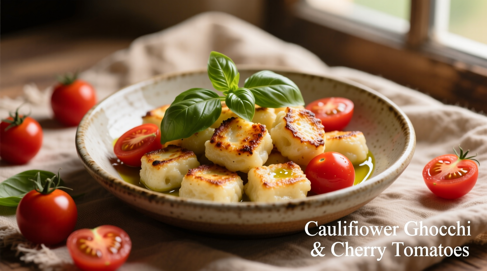 Perfectly seared cauliflower gnocchi with cherry tomatoes and basil