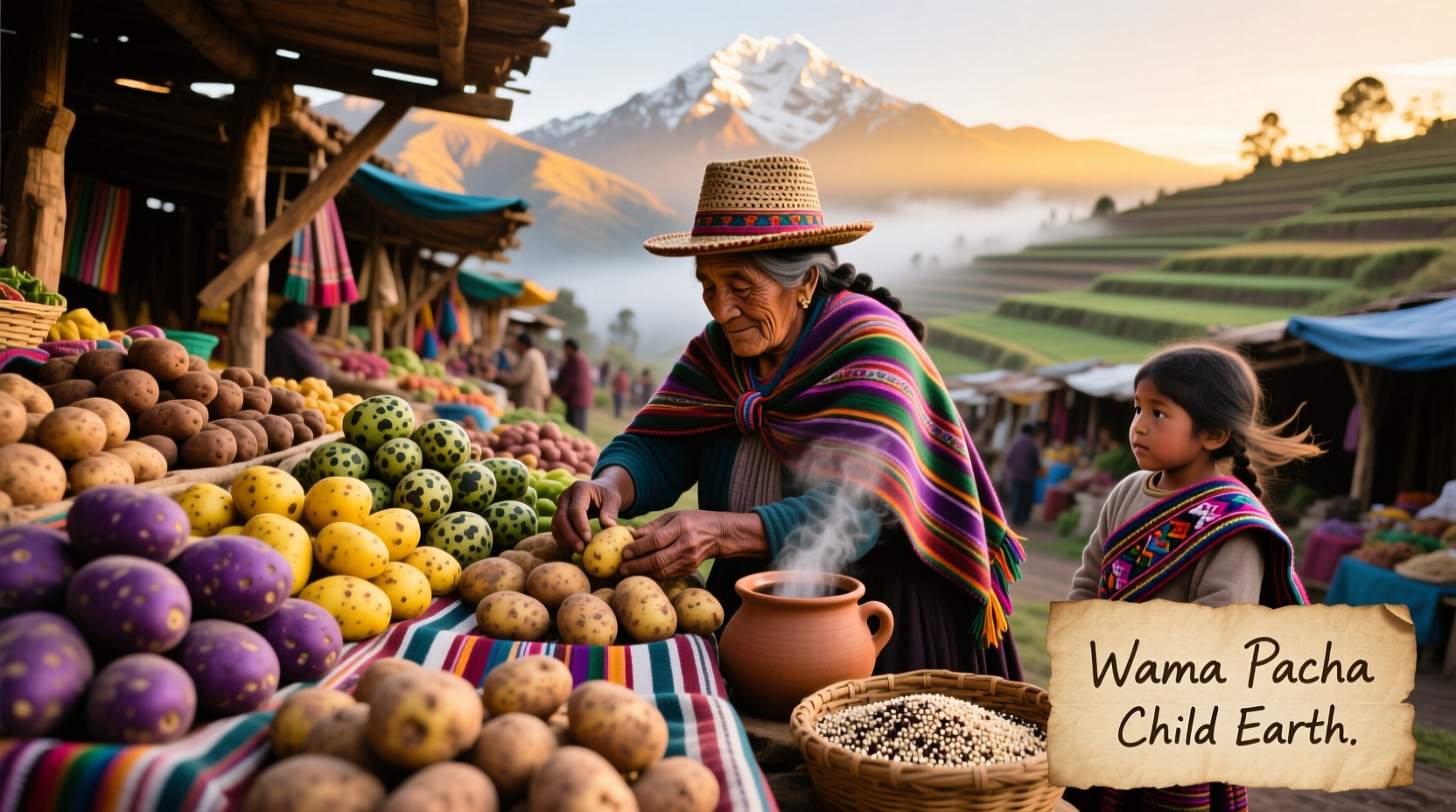 Traditional Andean market displaying colorful native potatoes