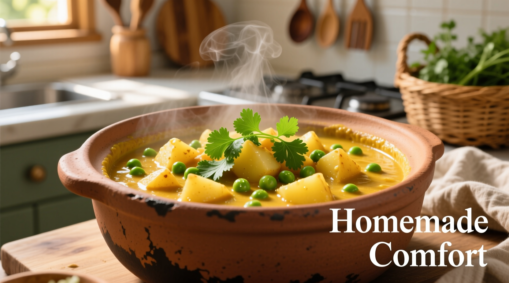 Golden potato pea curry in clay pot with fresh cilantro