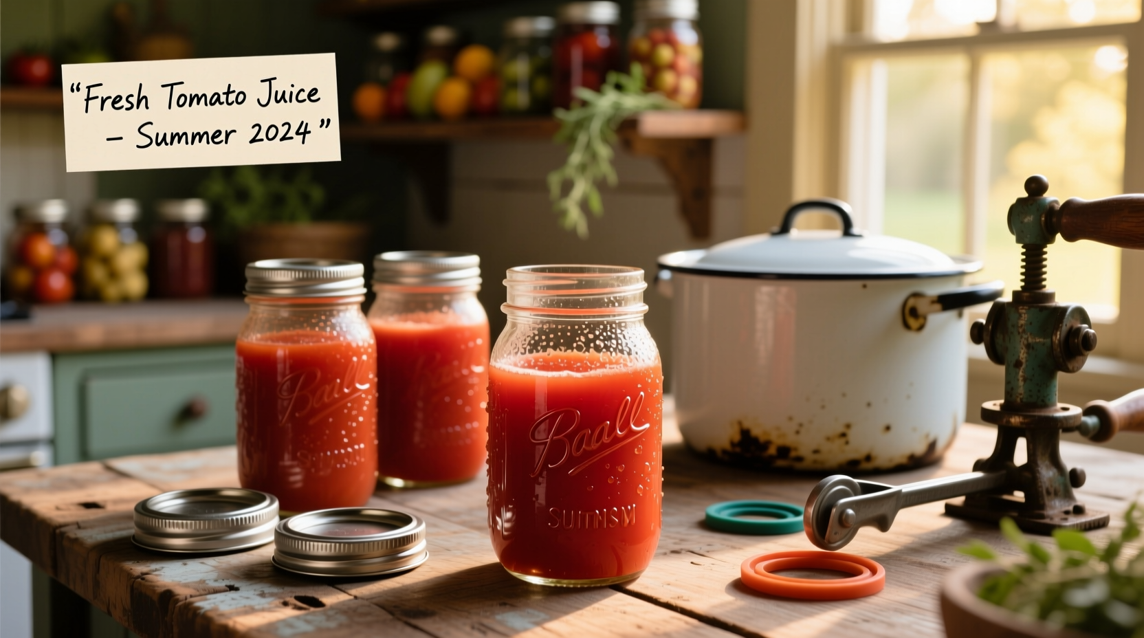 Fresh tomato juice in mason jars with canning equipment