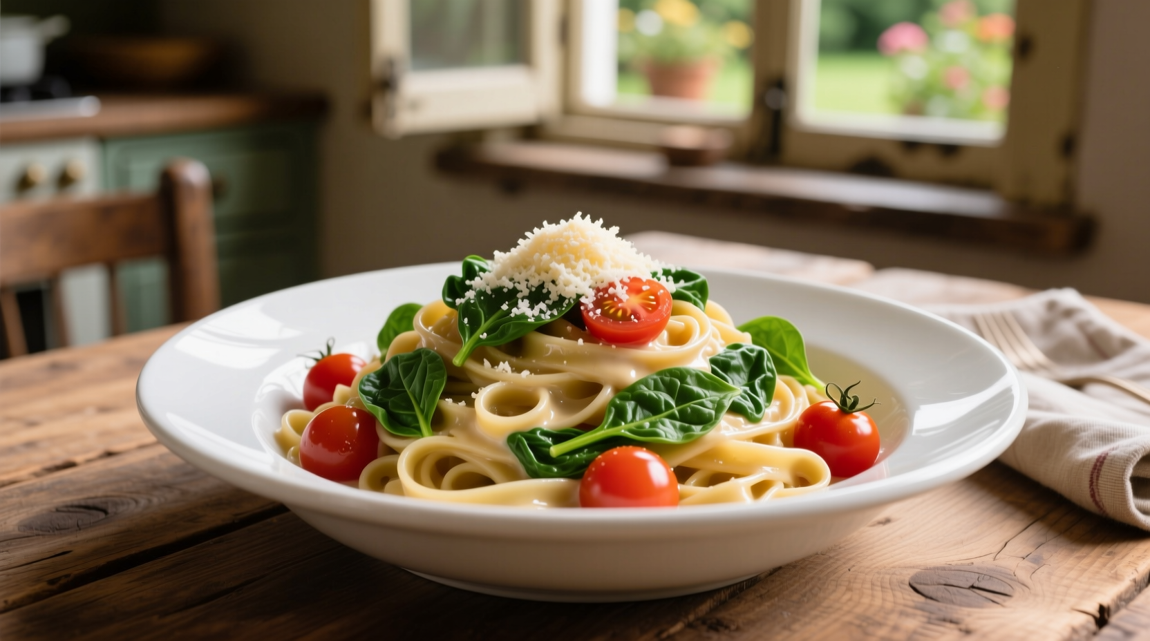 Creamy pasta with spinach and cherry tomatoes in white bowl