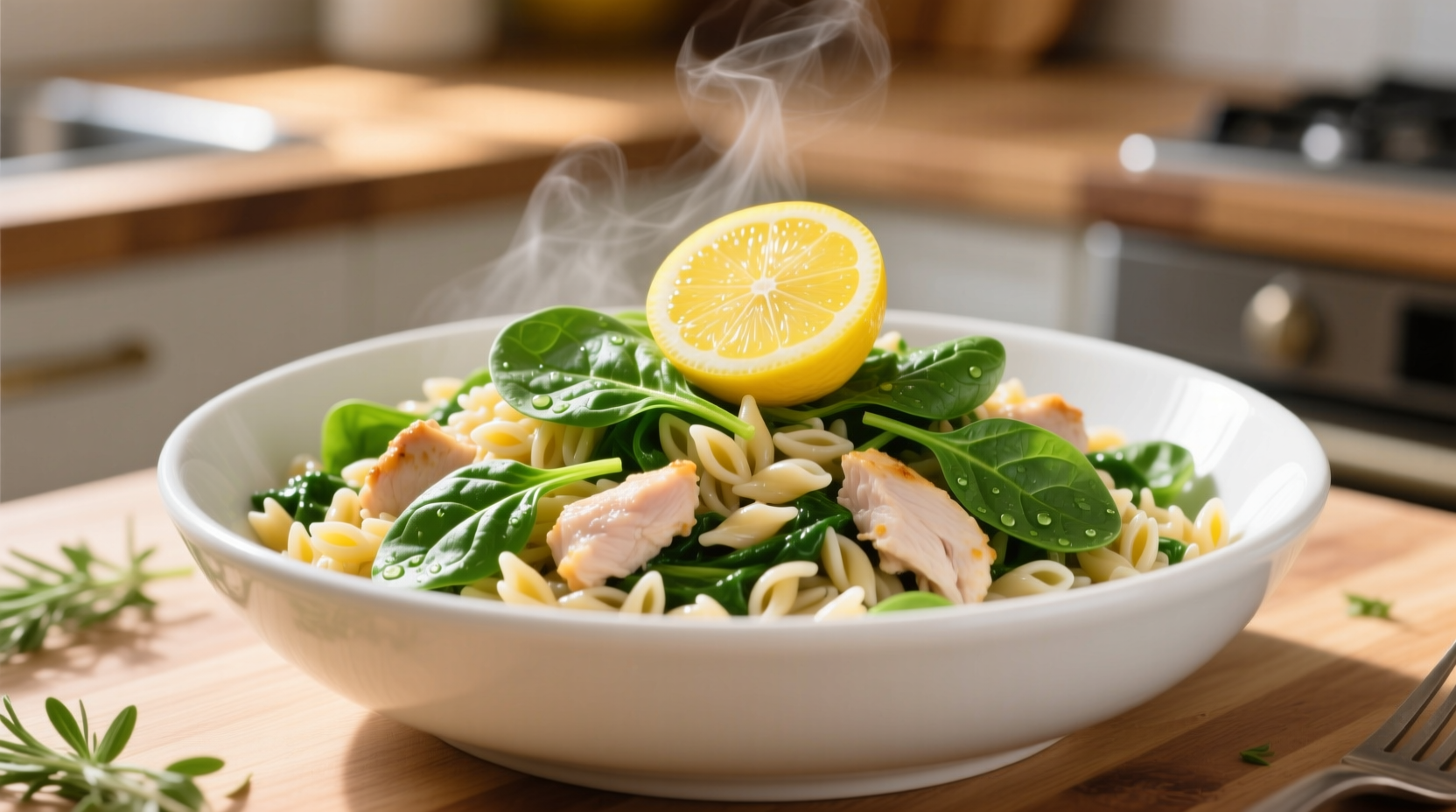 Spinach chicken orzo in white bowl with lemon garnish