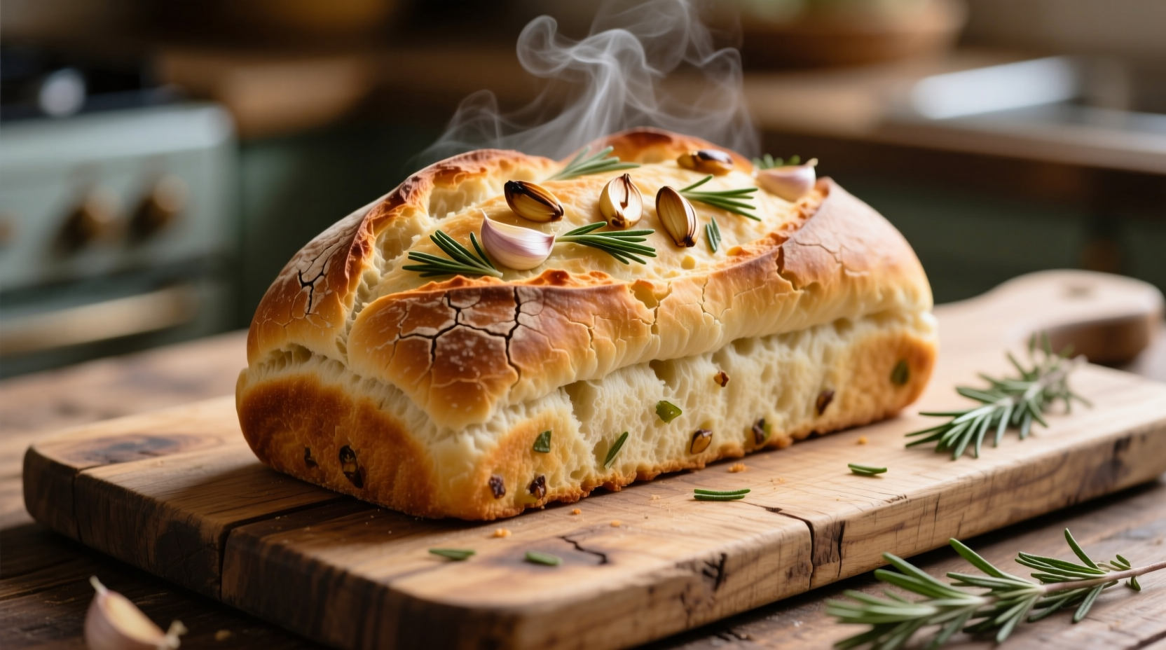 Freshly baked garlic rosemary bread on wooden cutting board