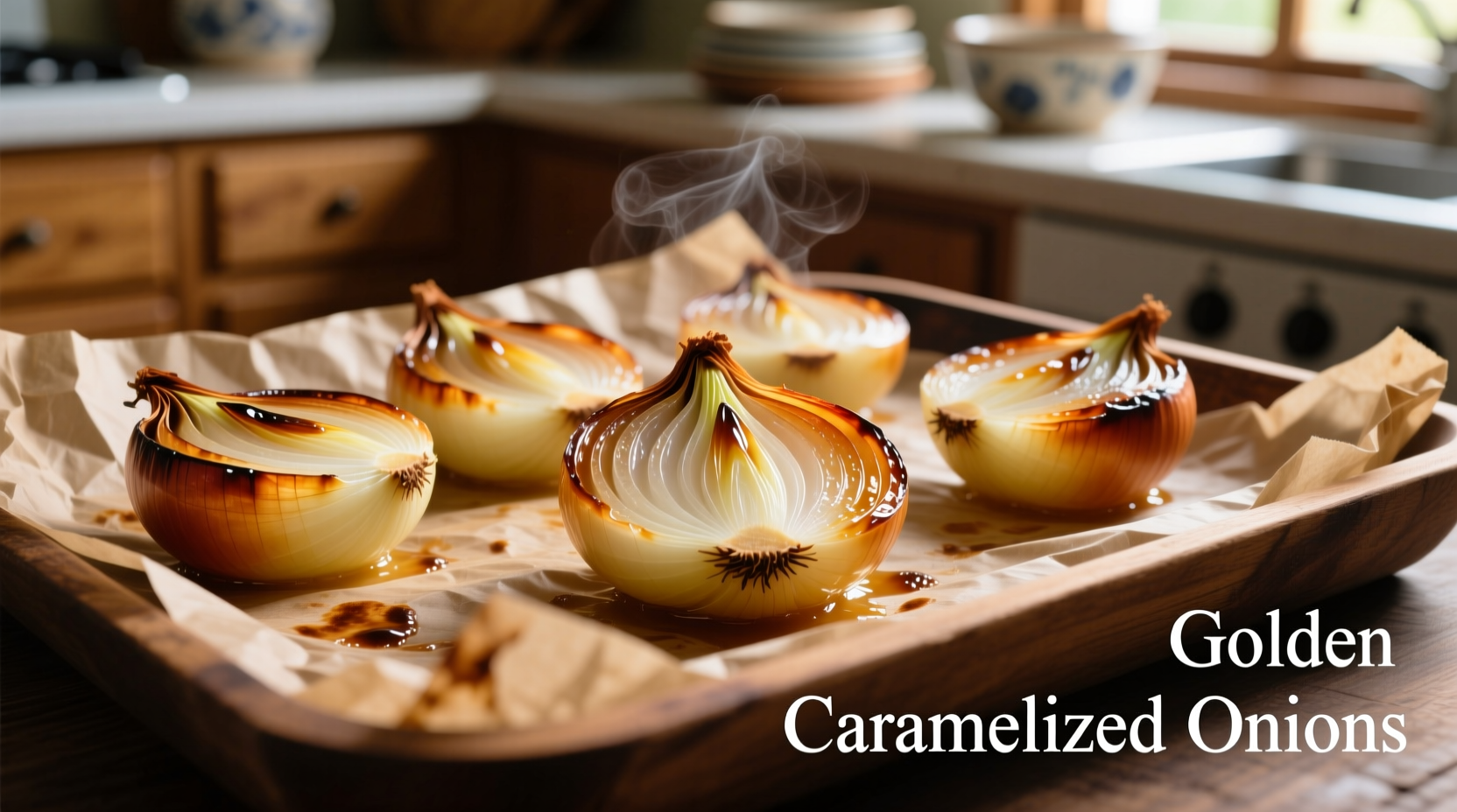 Golden baked onion halves on parchment paper