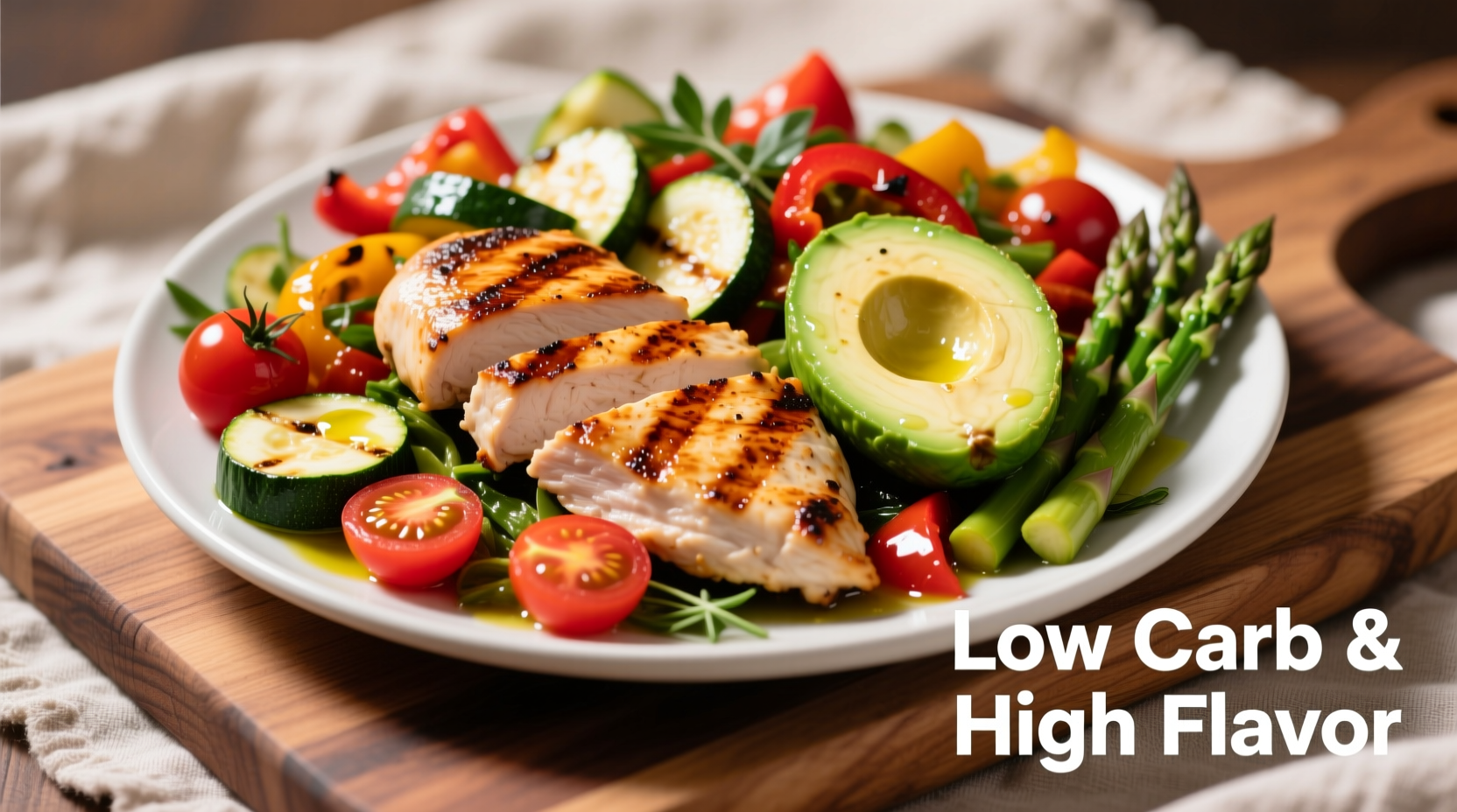 Colorful low carb meal with grilled chicken, avocado, and roasted vegetables