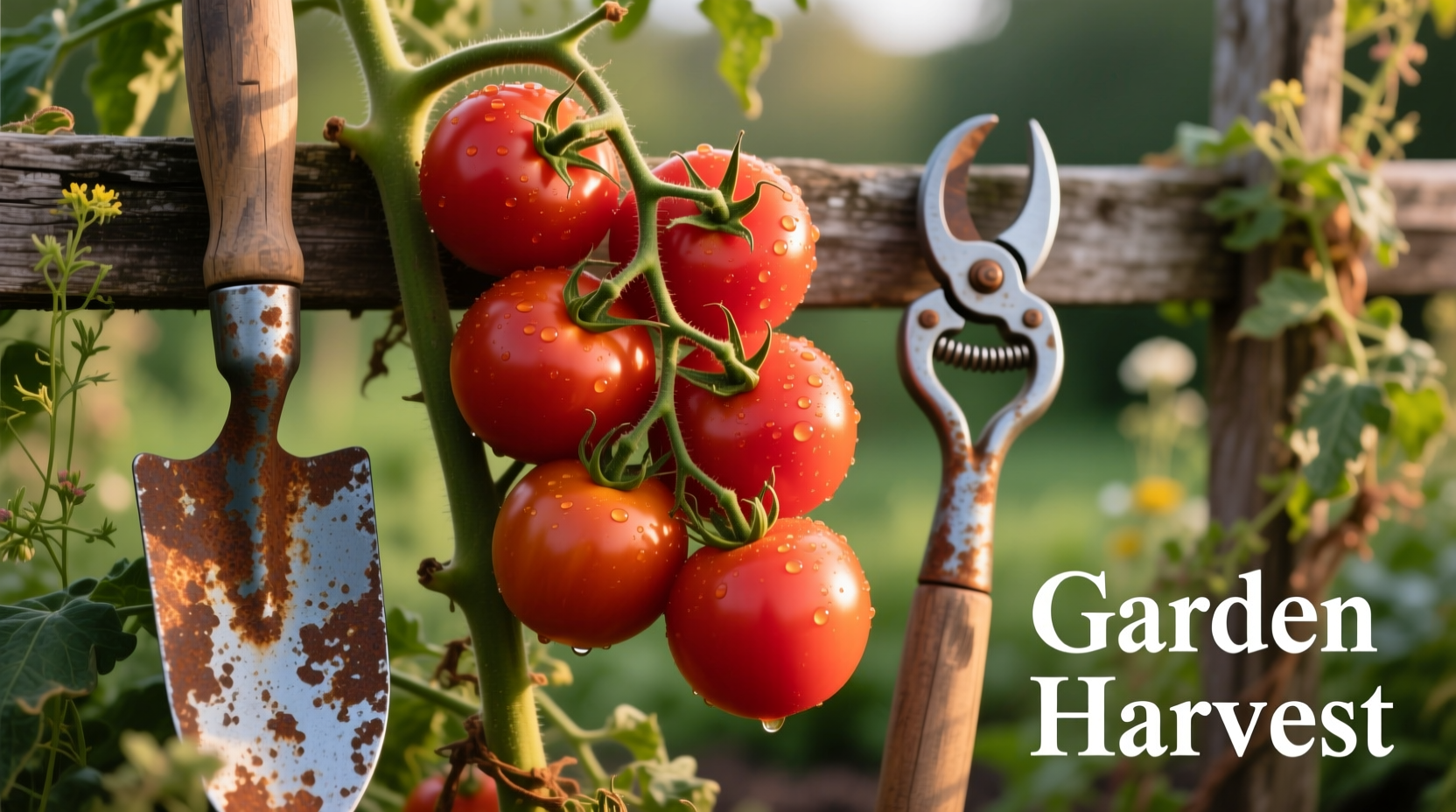 Ripe Major tomatoes on vine with gardening tools