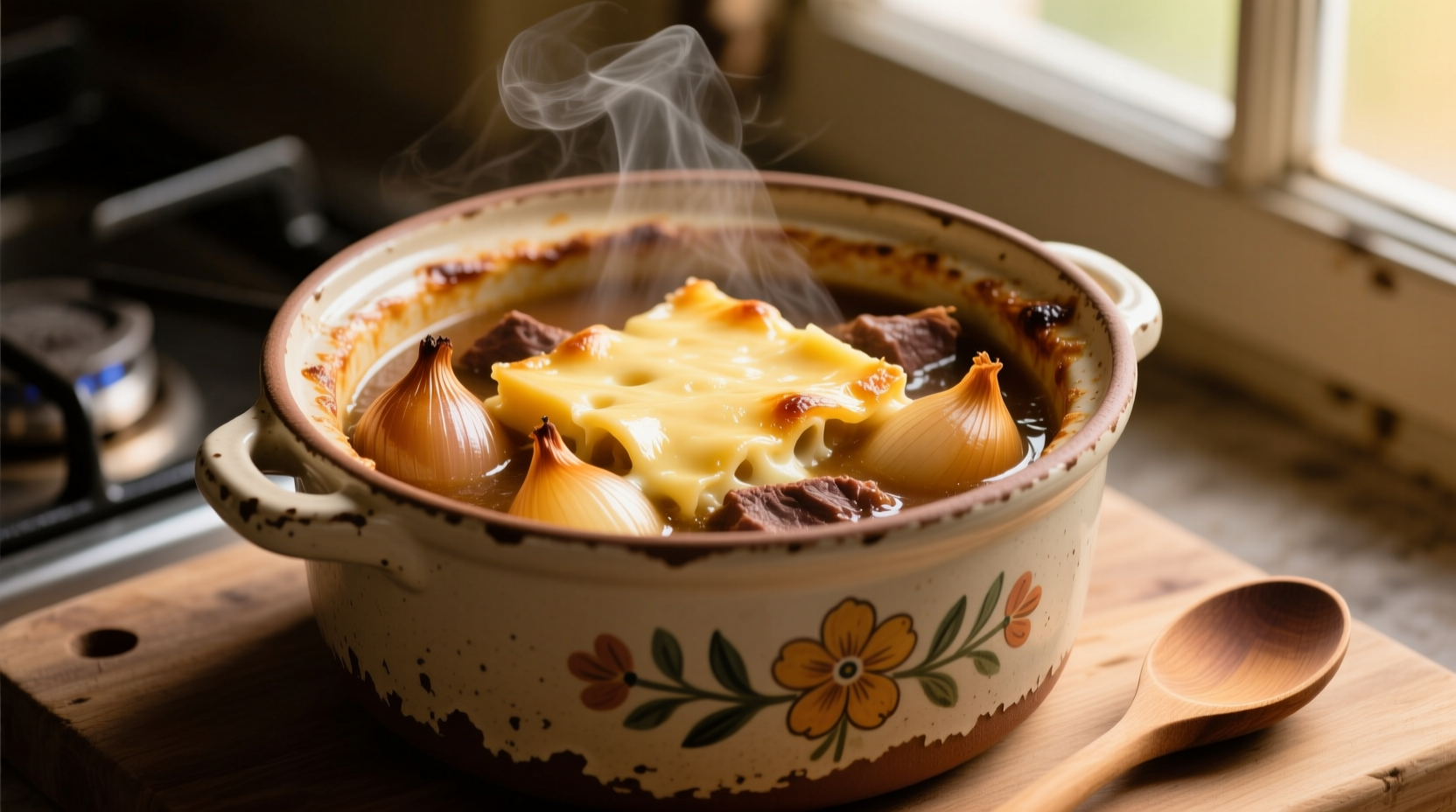 Traditional French onion soup crock with melted cheese