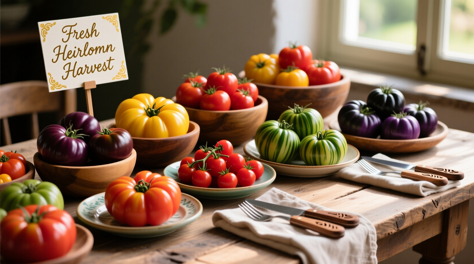 Colorful tomato buffet spread with multiple varieties