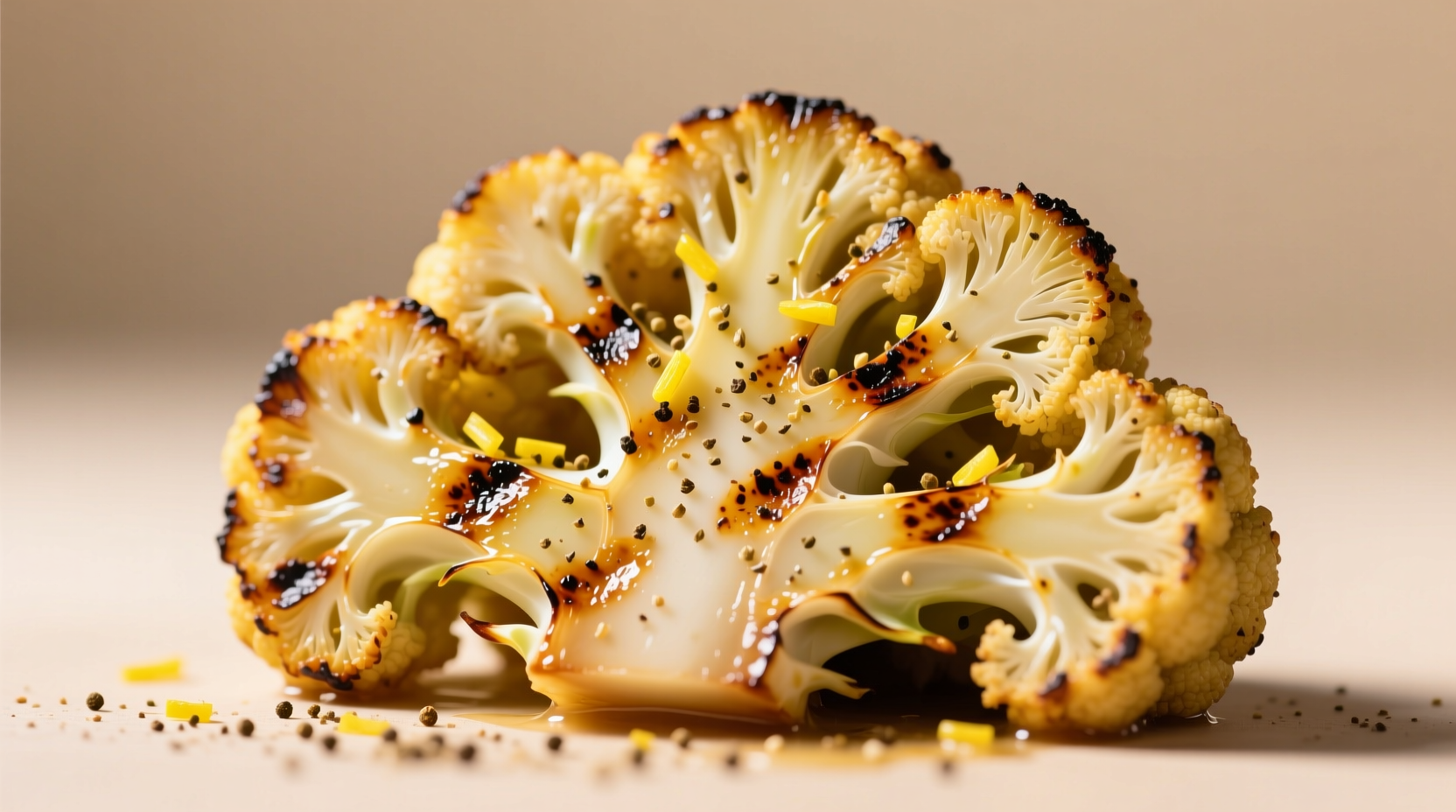Lemon pepper sprinkled over roasted cauliflower steaks showing vibrant golden crust and char marks