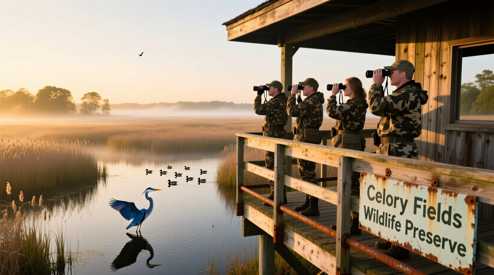 Birdwatchers observing wildlife from Celery Fields observation tower