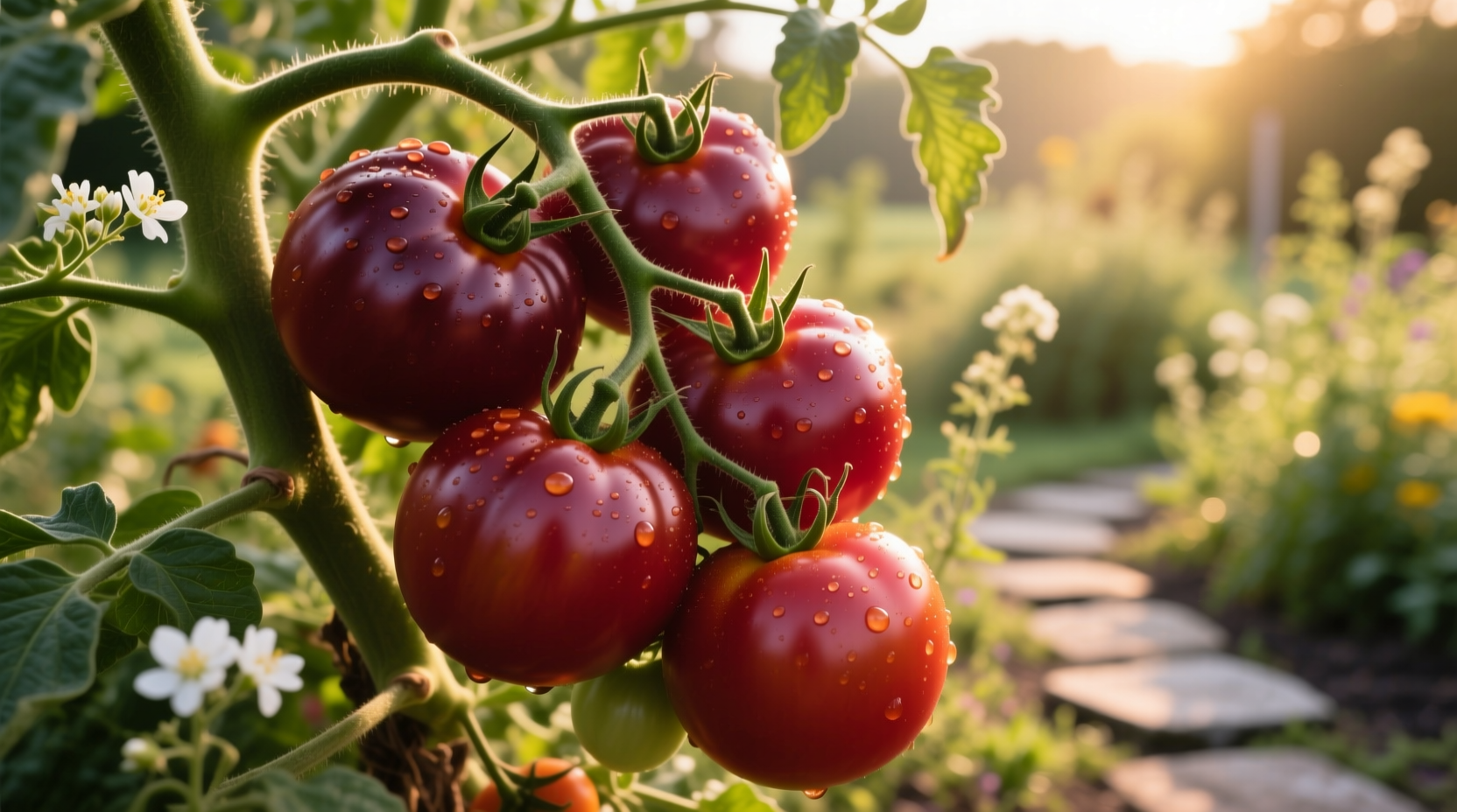 Ripe Paul Robeson tomatoes on vine with distinctive burgundy color